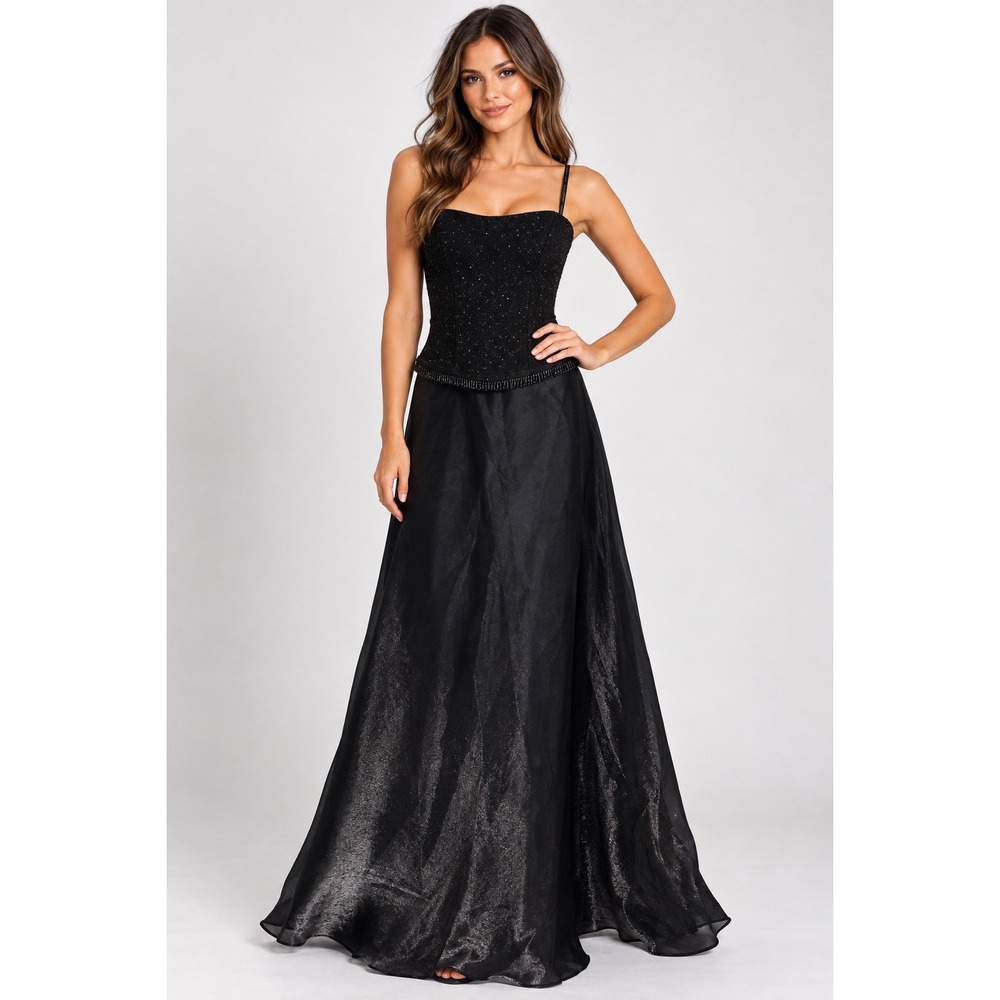 Scott McClintock Black Beaded Fringe Shimmer Formal Gown Dress Size 10